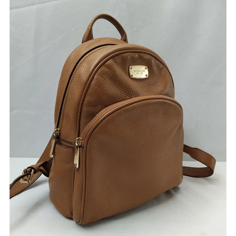 Michael Kors Tan Brown Pebbled Leather Pocket Zip Around Backpack